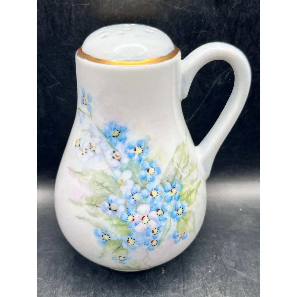 Vtg Hand Painted Forget-Me-Not Porcelain Sugar Shaker Muffineer‎ Gold Trim 5